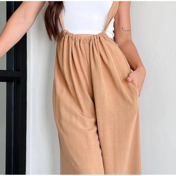 Zenana New Wideleg Adjustable Jumpsuit Beige - Picture 3 of 5